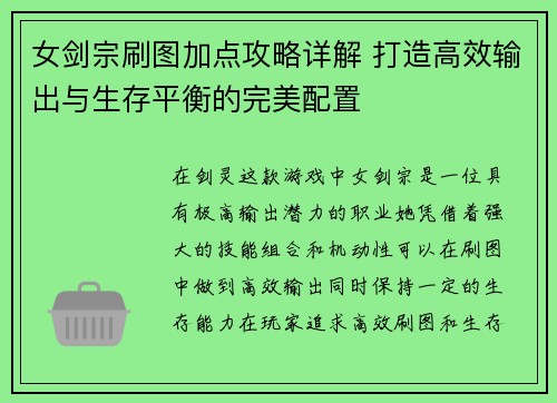 女剑宗刷图加点攻略详解 打造高效输出与生存平衡的完美配置